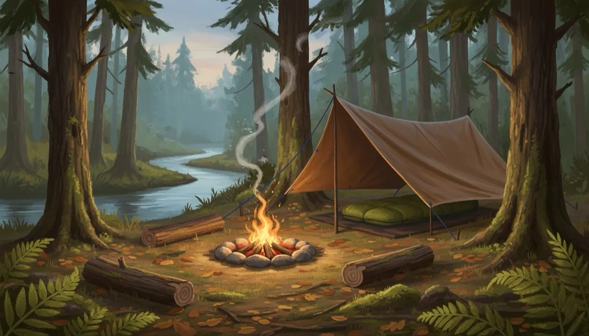 Camp in a forest at dusk